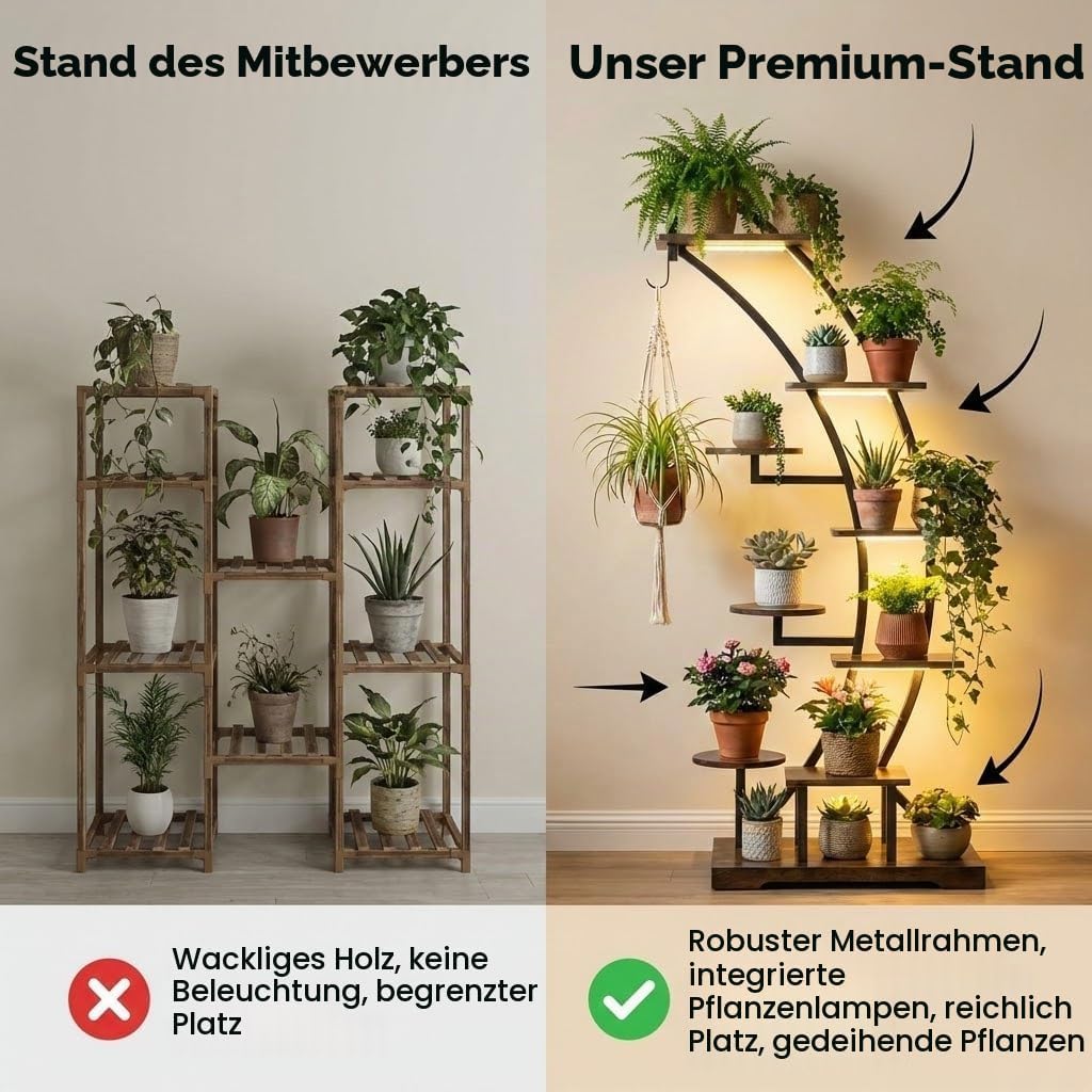 Pflanzenständer mit Wachstumslicht, 9 Ebenen Blumenregal aus Metall &amp; Holz, 160cm hoch, Indoor &amp; Out