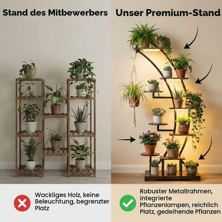 Pflanzenständer mit Wachstumslicht, 9 Ebenen Blumenregal aus Metall &amp; Holz, 160cm hoch, Indoor &amp; Out