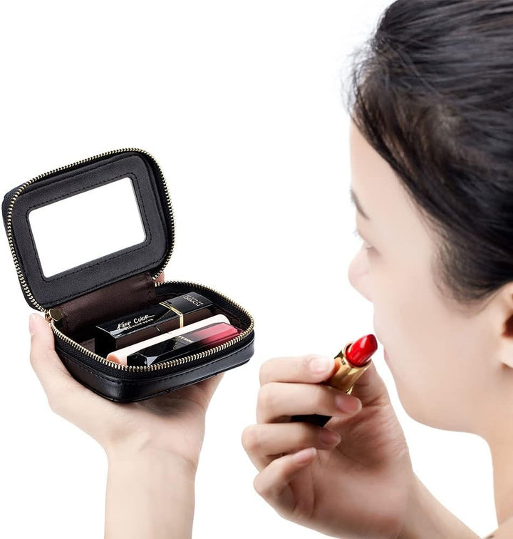 Lippenstift-Etui mit Spiegel, echtes Leder, Reissverschluss, Lippenstift-Halter, Box, kleine Reise-M
