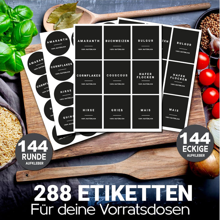 Vorratsetiketten - Küchen XXL Set Schwarz - selbstklebend (288 Stück) - Aufkleber rund minimalistisc