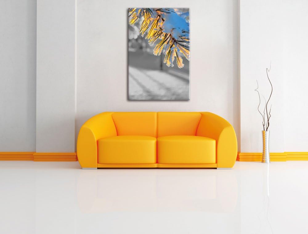 Pixxprint Tannenzweig im Winterwald schwarz/weiss als Leinwandbild/Grösse: 100x70 cm/Wandbild/Kunstd