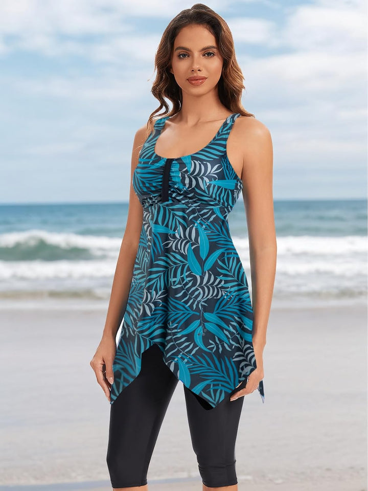 Ecupper Damen Tankini Set Badekleid Blumen Muster Badeanzug mit Shorts Swimsuit Übergrösse S Tiefsee