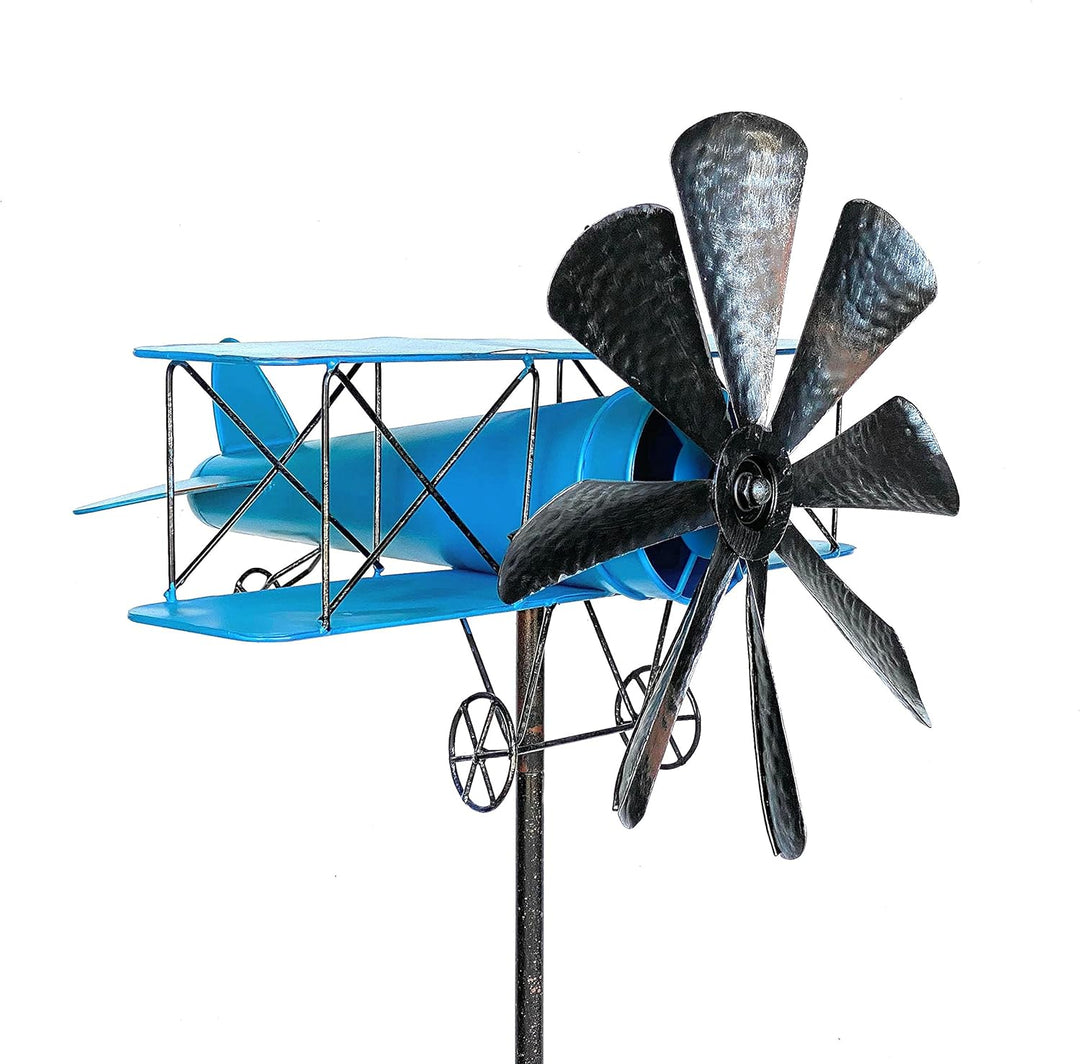 DanDiBo Gartenstecker Metall Flugzeug XL 160 cm Doppeldecker Blau 96099 Windspiel Windrad Wetterfest