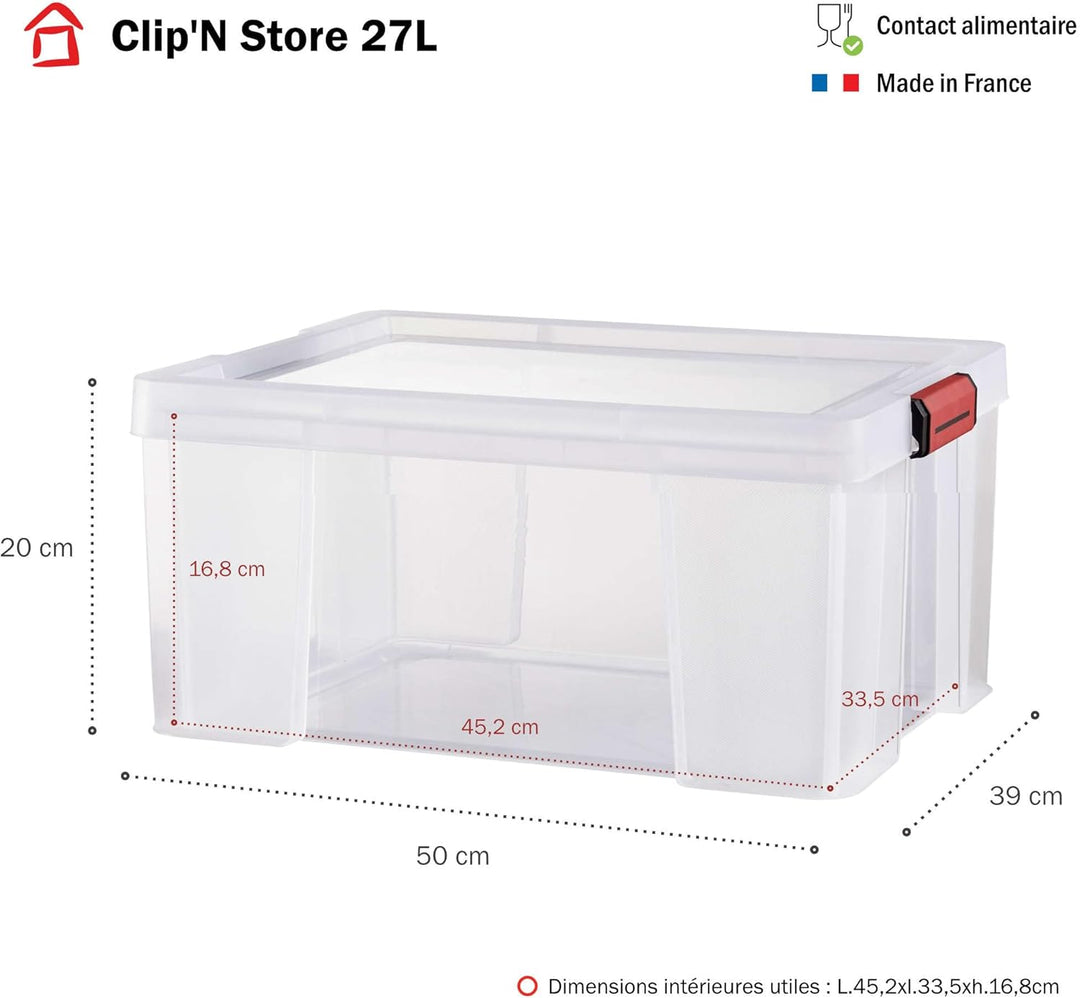Sundis Behälter mit Deckel CLIP 'N STORE, 27L - Transparent mit Schnappdeckel, stapelbar, geeignet f