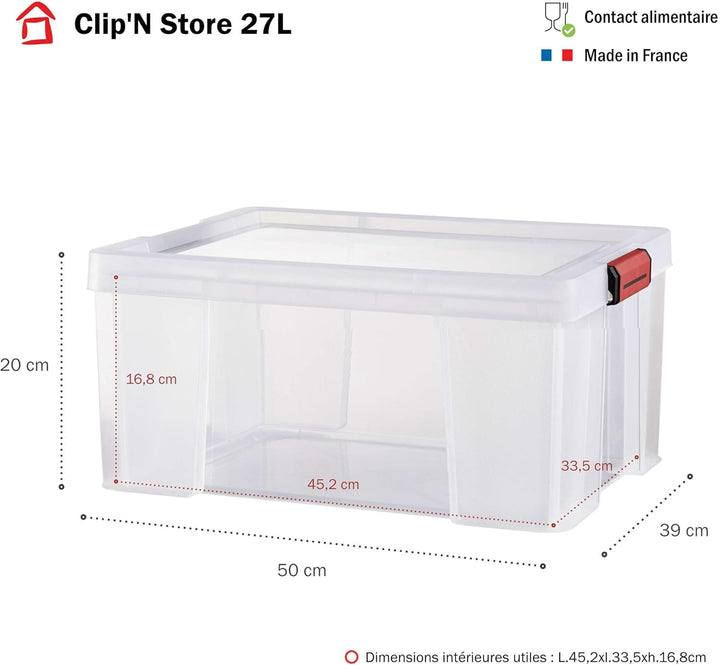 Sundis Behälter mit Deckel CLIP 'N STORE, 27L - Transparent mit Schnappdeckel, stapelbar, geeignet f