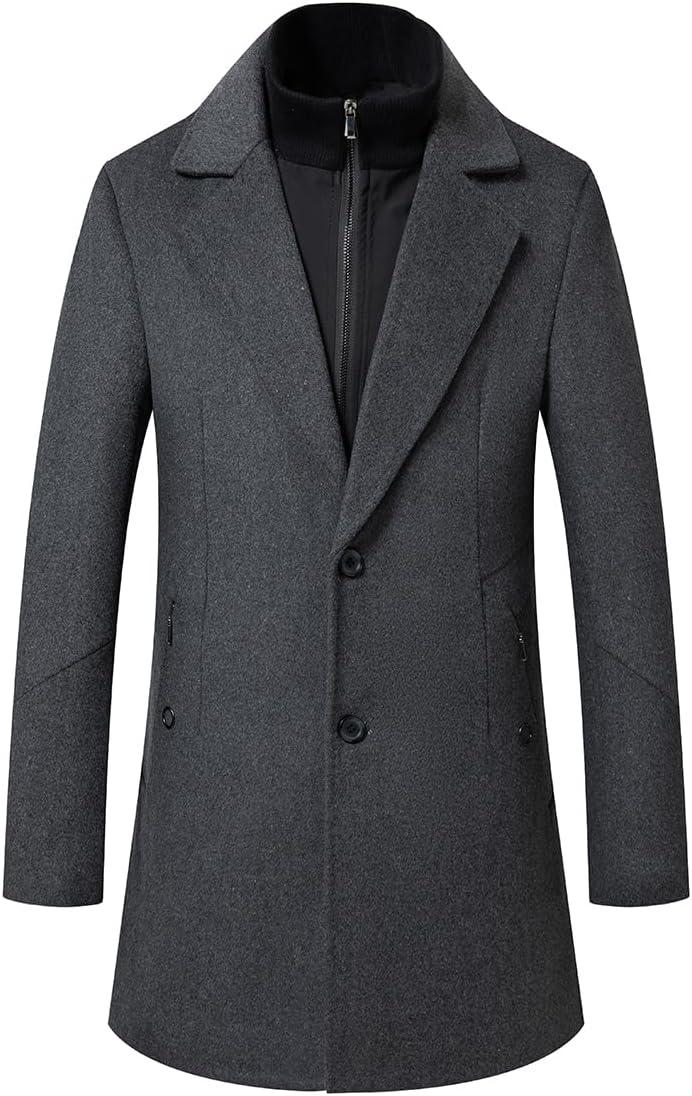 Sliktaa Herren Wollmantel dicker Trenchcoat mittlerer Länge Mantel Kerbe Kragen warmer Mantel Herren