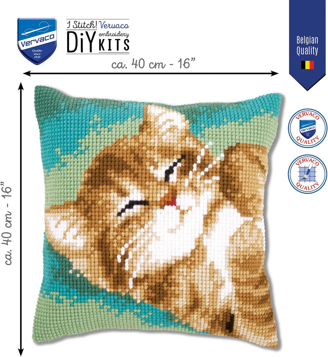 Vervaco Kreuzstichkissen Katze Kreuzstickpackung vorgedruckt, Aida, weiss, 40 x 40 x 0,3 cm