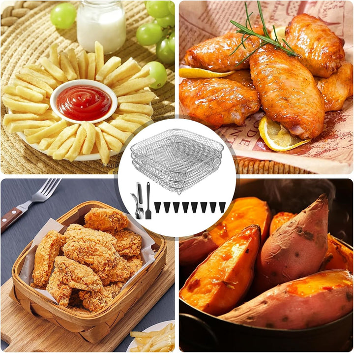 Luftfritteusen Regal, 3 Lagig Stapelbares Edelstahl Quadrat Air Fryer Racks Heissluftfritteuse Zubeh
