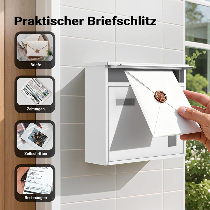 Wiltec Briefkasten V12 weiss 360 x 115 x 320 mm, Wandbriefkasten mit Schloss, Sichtfenstern und Name