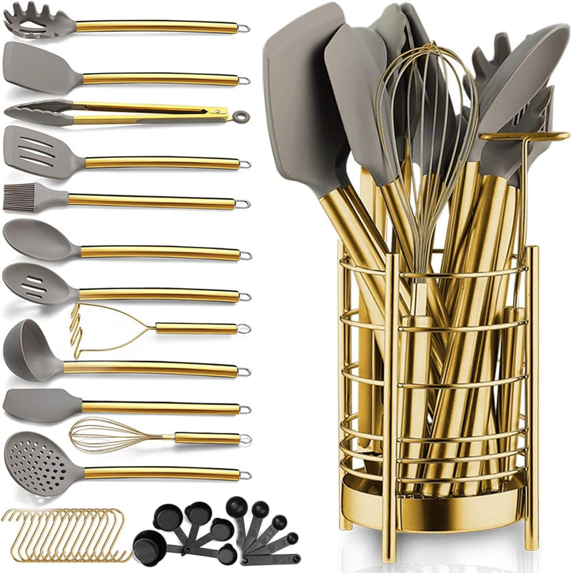 Berglander Gold Küchenutensilien Set, 38 teilig Antihaft Silikon Kochgeschirr Set, Löffel Spachtel S