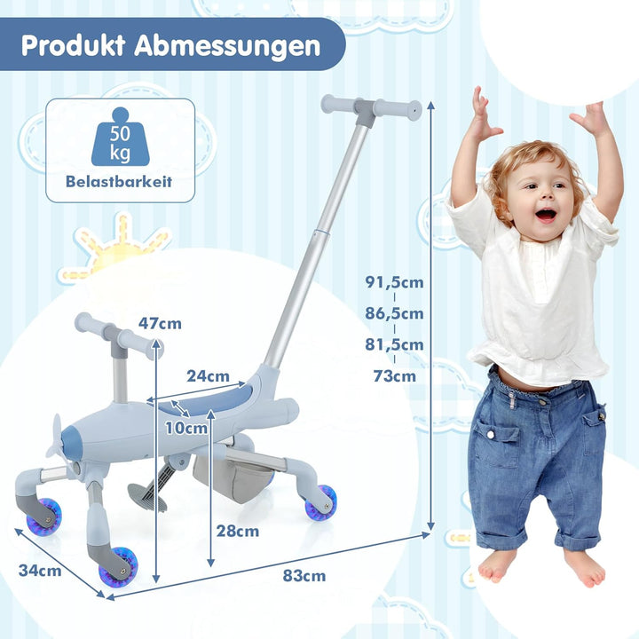 GOPLUS 2 in 1 Schiebeauto & Rutschauto, Dreirad mit verstellbarem Schiebegriff, LED Rädern & Korb hi