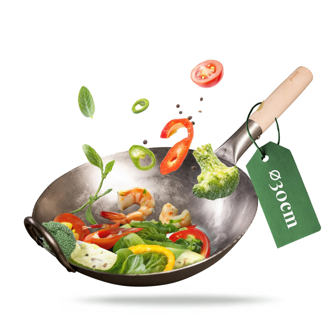 pasoli handgehämmerter Wok inkl. gratis Rezepte eBook - traditionelle Asiapfanne - Bratwok aus Carbo
