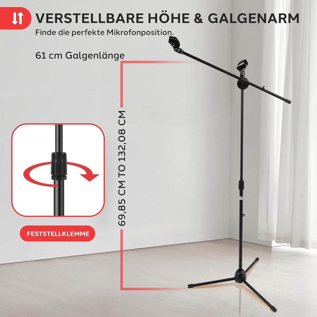 Pyle Mikrofonständer 2er-Set mit Galgenarm – Mikrofonstativ höhenverstellbar 70–132cm, faltbar, Trag