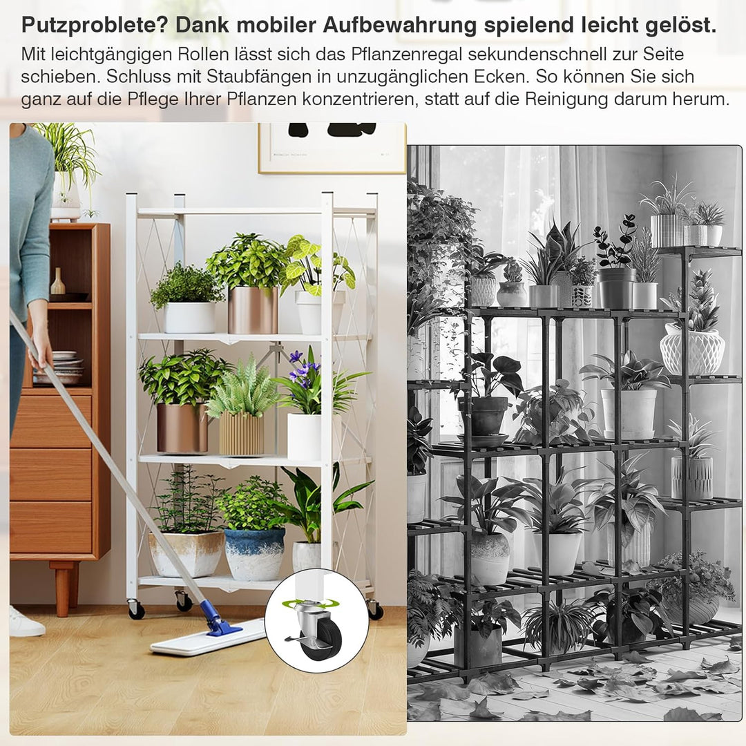 ALANNG Blumenständer mit Rädern, 4 Ablagen Stabiler Pflanzenständer, Metall Pflanzenregal Indoor Ein