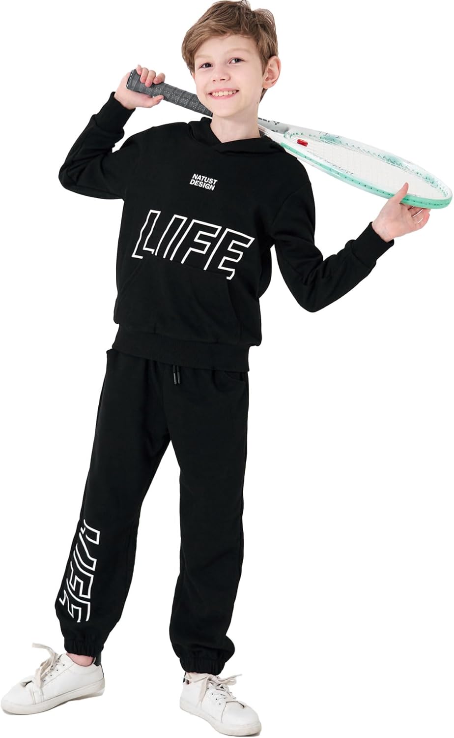 NATUST Kinder Trainingsanzug Jungen Mädchen Sportanzug Einfarbig Sweat Jogginganzug 120 Schwarz, 120