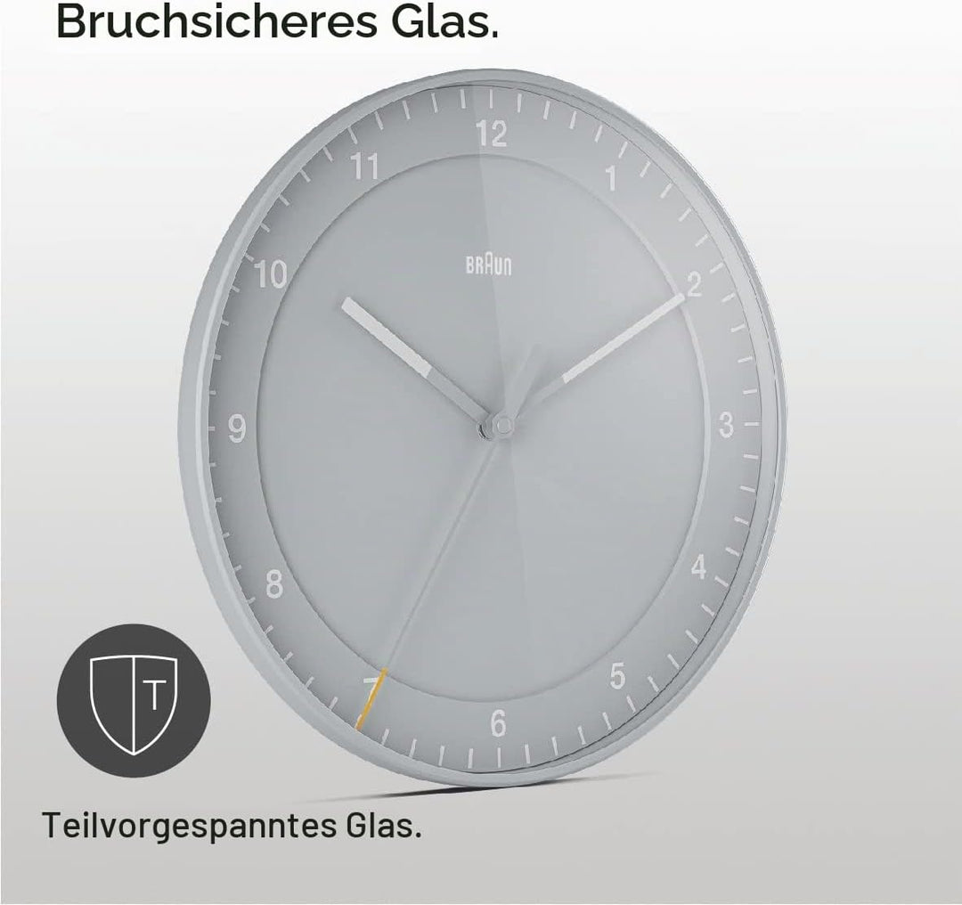 Braun Classic Grosse Analog-Wanduhr mit geräuschlosem Uhrwerk (kein Tickgeräusch), leicht ablesbar,