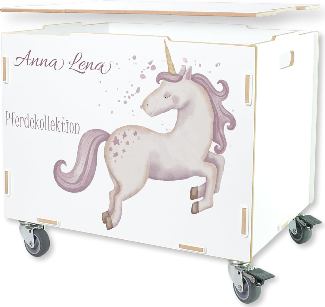 Peronalisierbare Aufbewahrungsbox mit Einhorn Mädchen-Motiv (33x45,5x34,5cm + 6cm Räder-Höhe) Aufbew