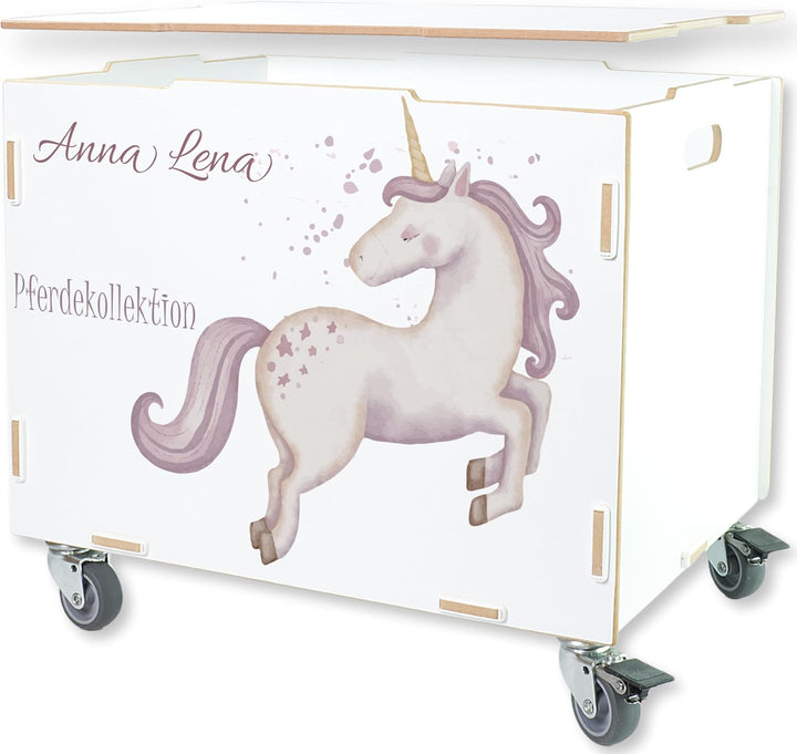 Peronalisierbare Aufbewahrungsbox mit Einhorn Mädchen-Motiv (33x45,5x34,5cm + 6cm Räder-Höhe) Aufbew