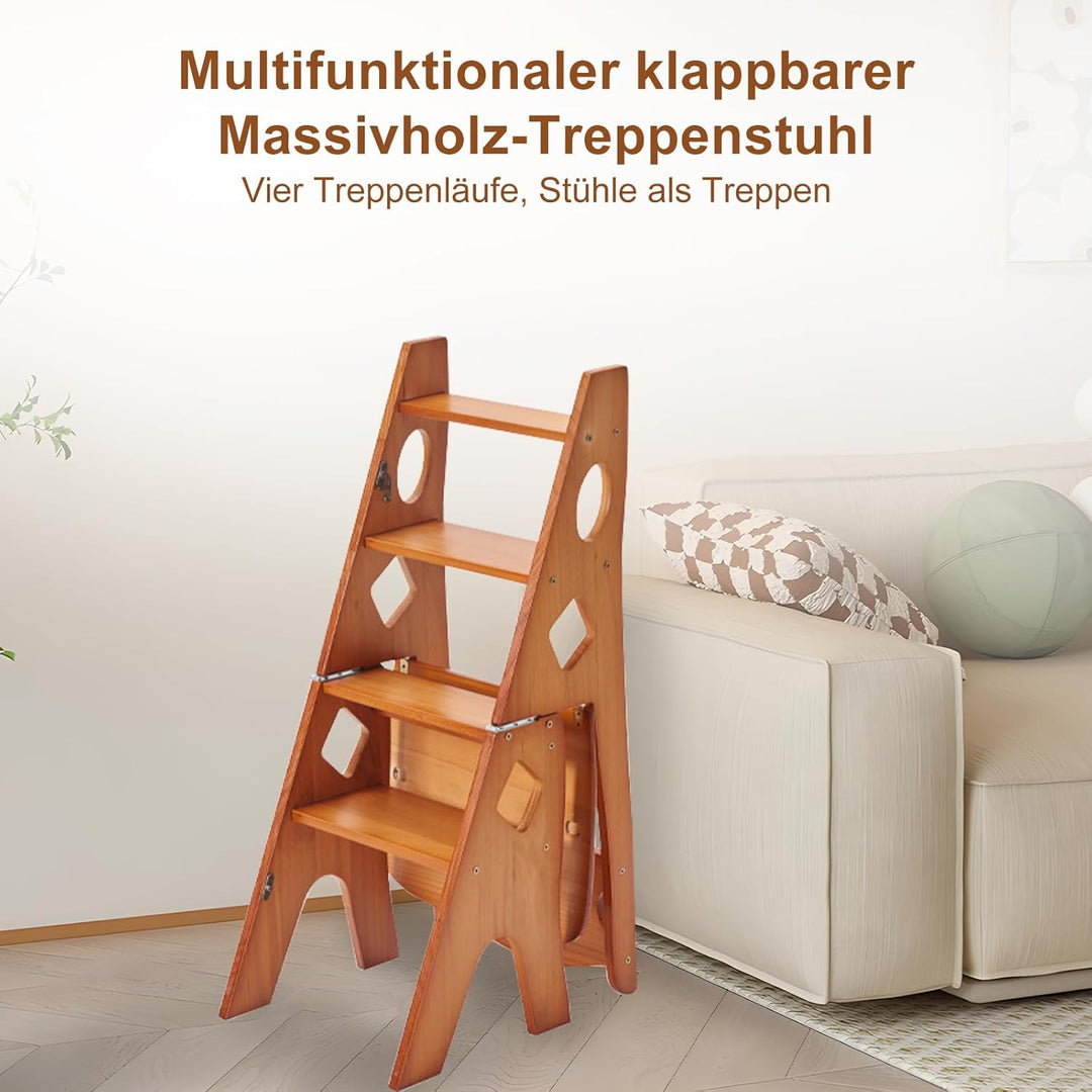 Tritthocker 4 Stufen, Leiterstuhl Trittstuhl Klappbar, Leiterstuhl Holz 4 Stufen, Trittleiter aus Ma