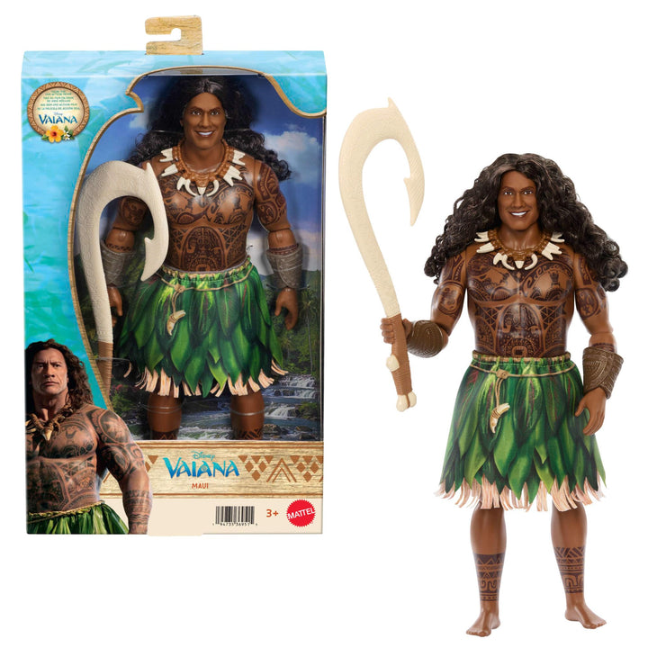 Mattel Disney Vaiana Maui-Puppe mit Abnehmbarer Kleidung, lockigen Haaren, Angelhaken und 3 Zubehör