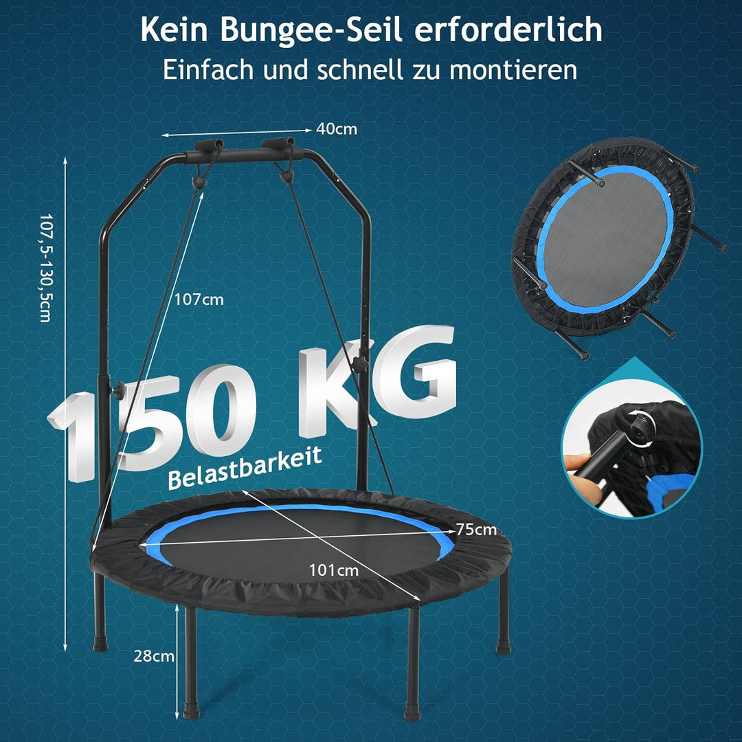 GYMAX Fitness Trampolin φ101cm, leise faltbares Mini Trampolin bis zu 150 kg Belastbar, Gartentrampo
