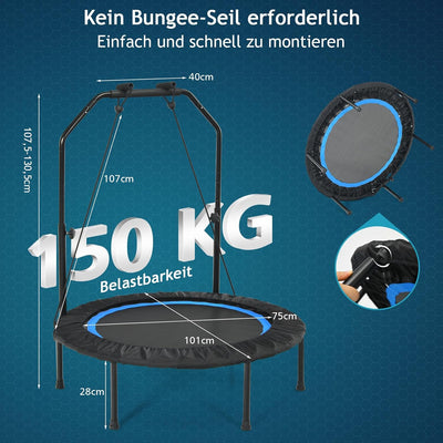 GYMAX Fitness Trampolin φ101cm, leise faltbares Mini Trampolin bis zu 150 kg Belastbar, Gartentrampo