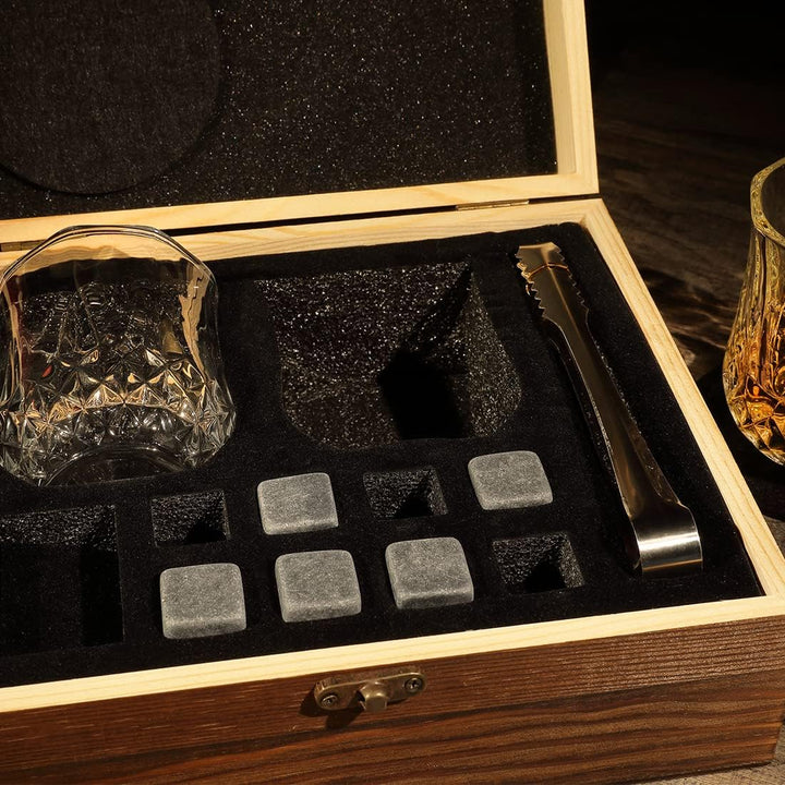 7-TLG Whisky Steine Set mit Wunschgravur - Motiv: Weltkarte - personalisierte Kiste - 2X Tumbler, 9X