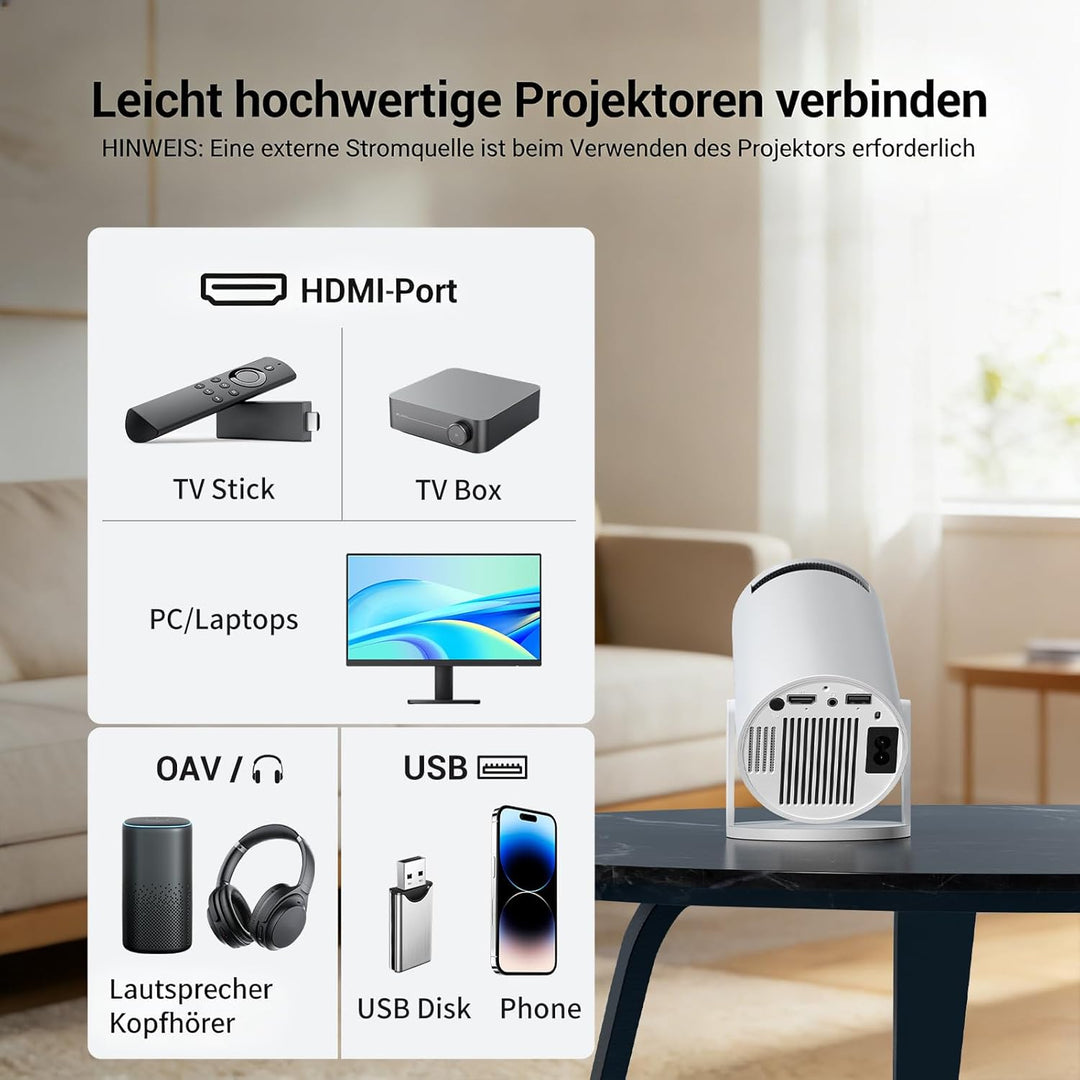 Mini Beamer,4K 1080P Smart Beamer,Projektor Tragbarer mit WiFi 6 und Bluetooth 5.4,Auto Trapezkorrek