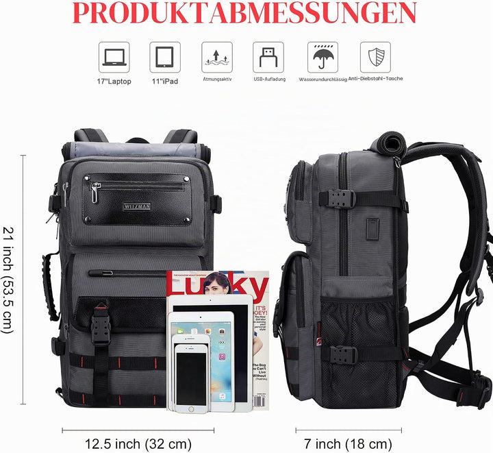 WITZMAN Reiserucksack Herren mit USB-Ladeanschluss Gross als Nylon Reisetasche Tragbar Fit 17 zoll L