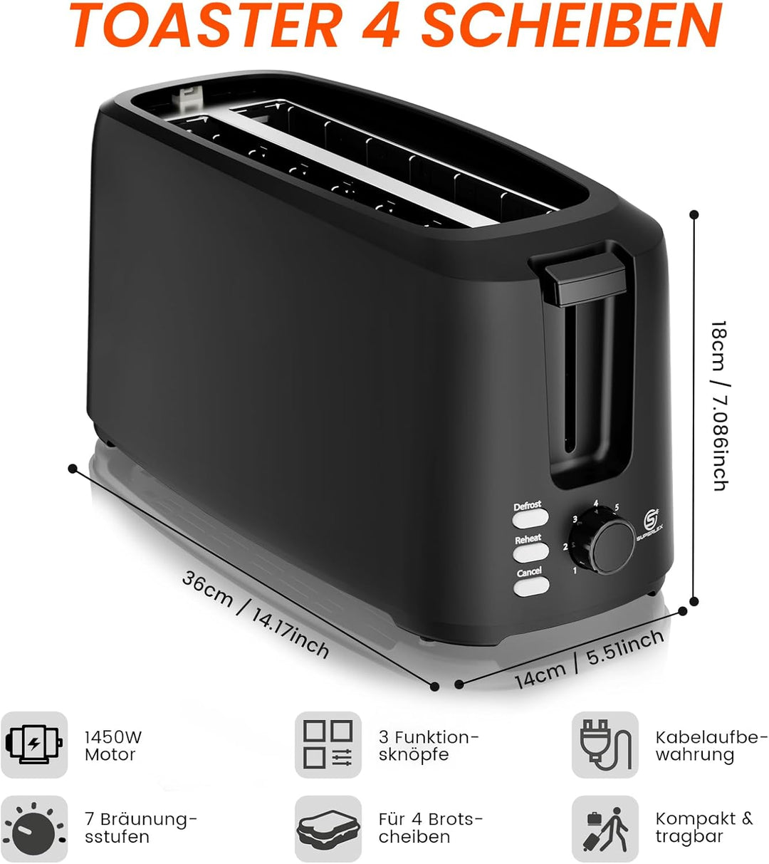 Toaster Langschlitz Toaster 4 Scheiben 7 Bräunungsstufen Auftaufunktion Aufwärmfunktion Herausnehmba