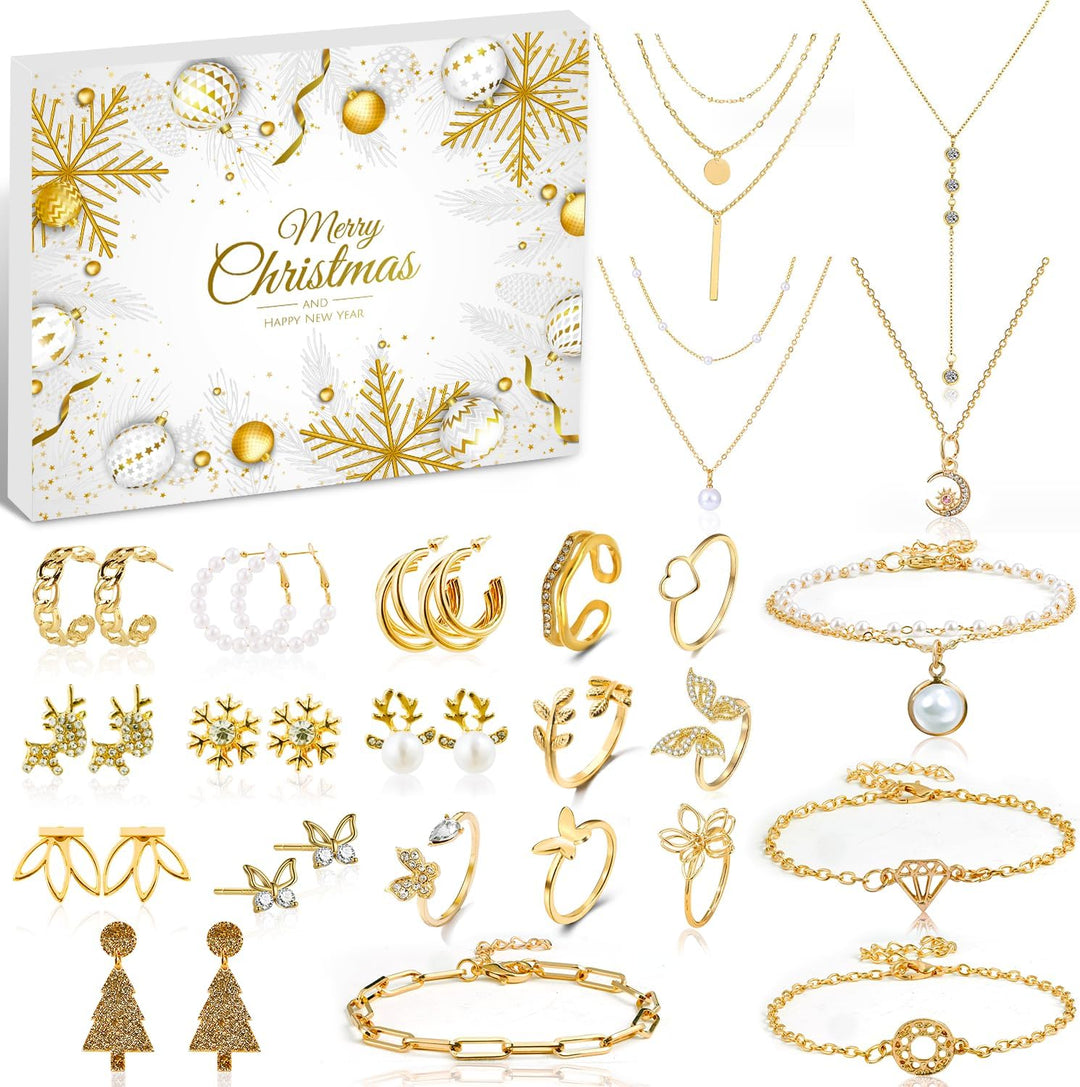 2025 Schmuck Adventskalender für Frauen Mädchen, 24 Überraschungen Count Down Kalender mit Golden Ar