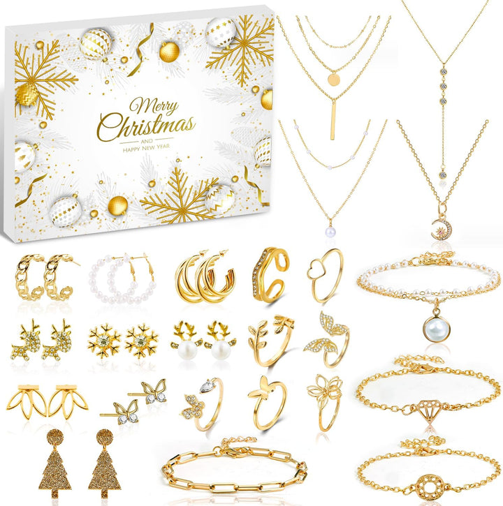 2025 Schmuck Adventskalender für Frauen Mädchen, 24 Überraschungen Count Down Kalender mit Golden Ar