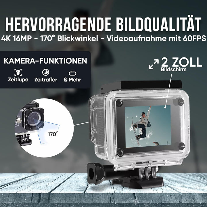 Strex Action Cam 4K 16MP - 60FPS / 30M Wasserdicht/WiFi - Inklusive Zubehör - Action Kamera - Unterw
