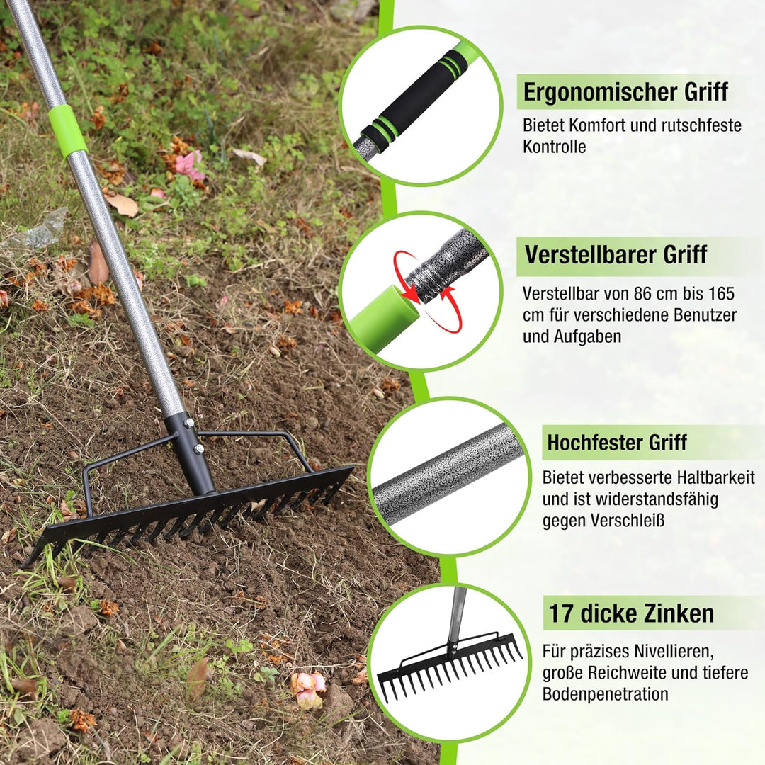 WORKPRO Bogenrechen Garten mit Stiel, 17 Zinken Rechen, Verstellbare & Abnehmbare Harke 86–165 cm, S