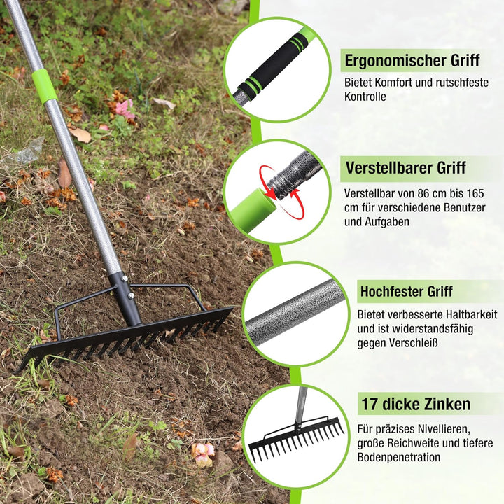 WORKPRO Bogenrechen Garten mit Stiel, 17 Zinken Rechen, Verstellbare & Abnehmbare Harke 86–165 cm, S