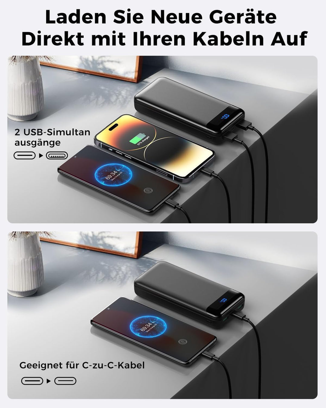 Power Bank, 27000mAh PowerBank mit PD3.0 & QC4.0 Schnellladung, USB C (IN & Out) Externer Handy Akku