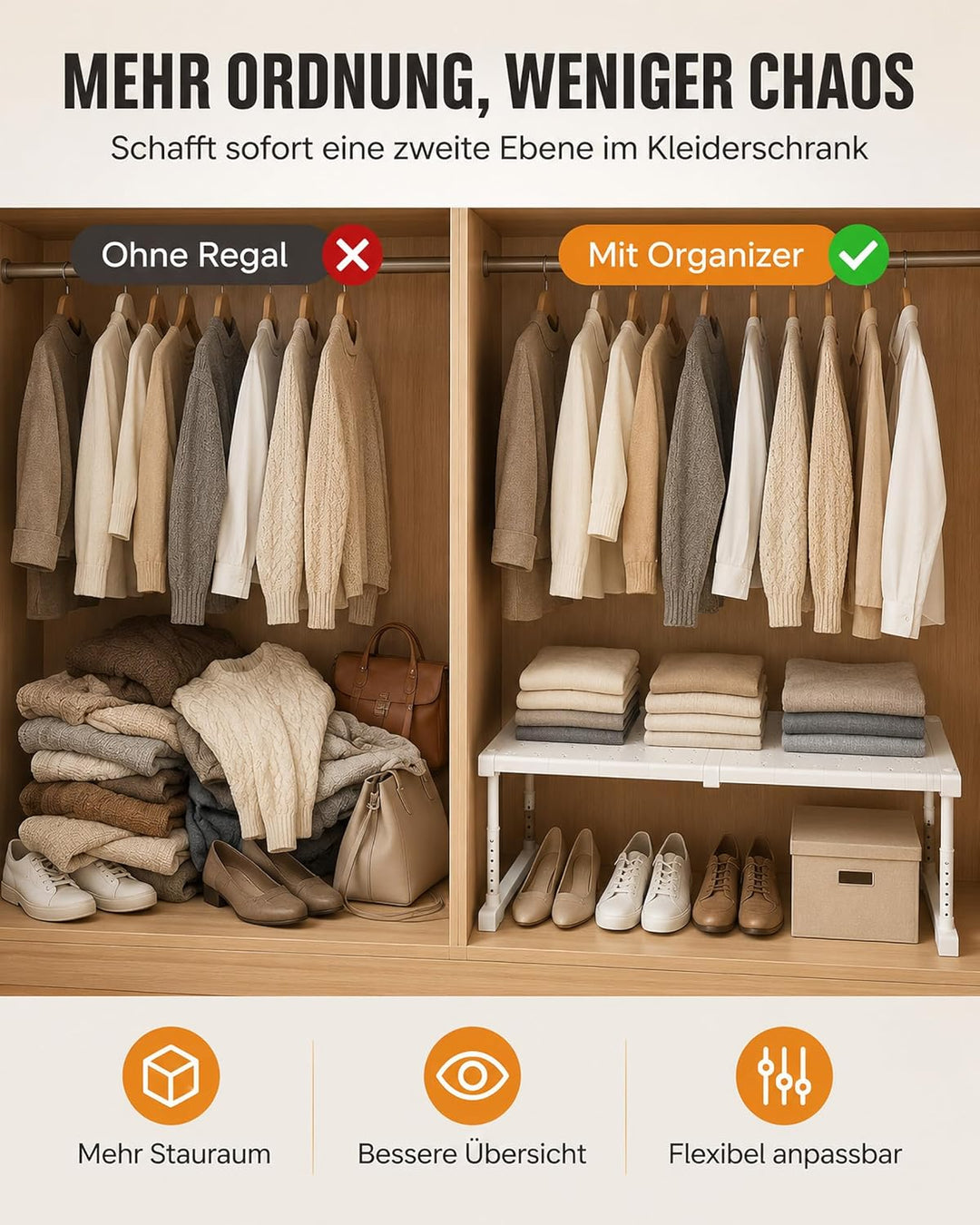 Erweiterbares Schrankregal, Stapelbar Schrank Aufbewahrungsregal, Höhenverstellbar Küchenthekenregal