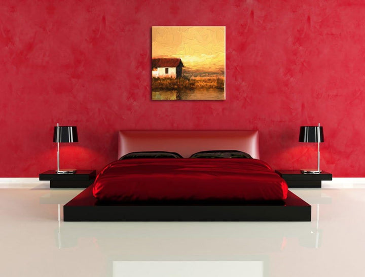 Pixxprint Haus am See bei Sonnenuntergang als Leinwandbild/Grösse: 70x70 cm/Wandbild/Kunstdruck/fert