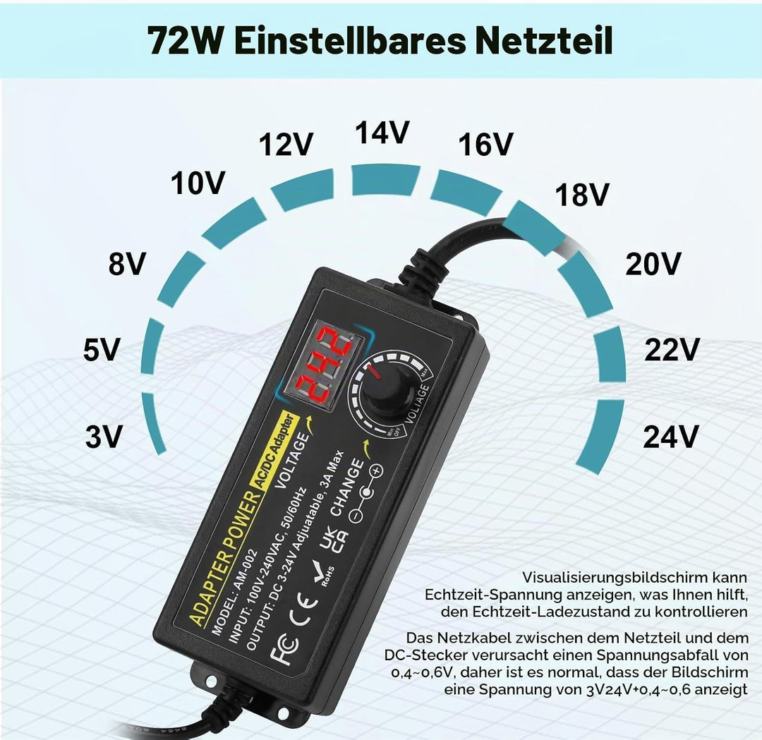 72W Universal Einstellbares Netzteil Adapter 100V-240V AC to DC 3V-24V 3A Konverter Netzteil,Einstel