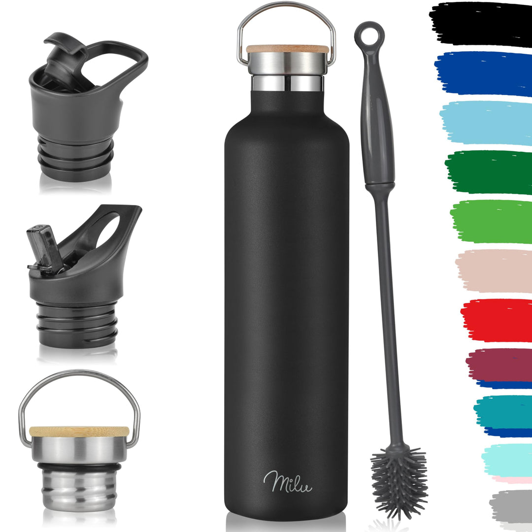 Milu Edelstahl Trinkflasche 350ml 500ml 750ml 1000ml (+3 Deckel) Thermosflasche mit Strohhalm, Isoli