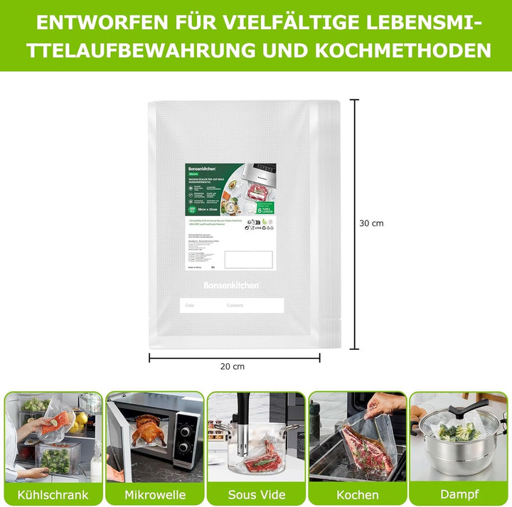 Bonsenkitchen Profi Vakuumbeutel, 100 Beutel 20x30cm Vakuumierbeutel für alle Vakuumierer & Lebensmi