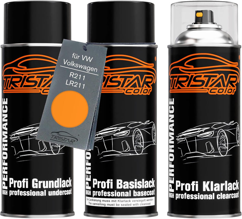 Autolack Spraydosen Set für VW/Volkswagen R211 / LR211 Orange Grundlack Basislack Klarlack Sprühdose