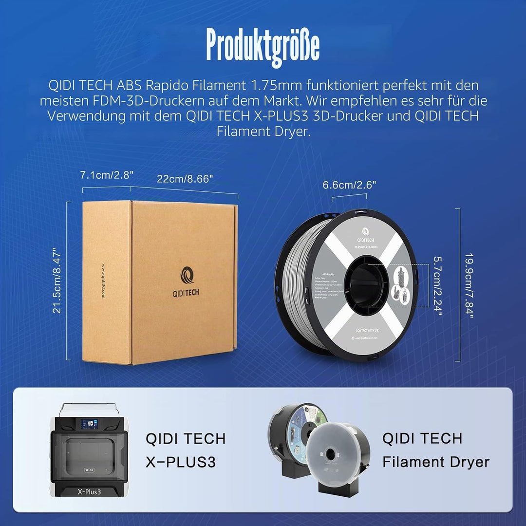 QIDI TECH ABS Rapido Filament 1.75mm, 3D Drucker Filament ABS 1kg Spule (2.2lbs), geeignet für Hochg