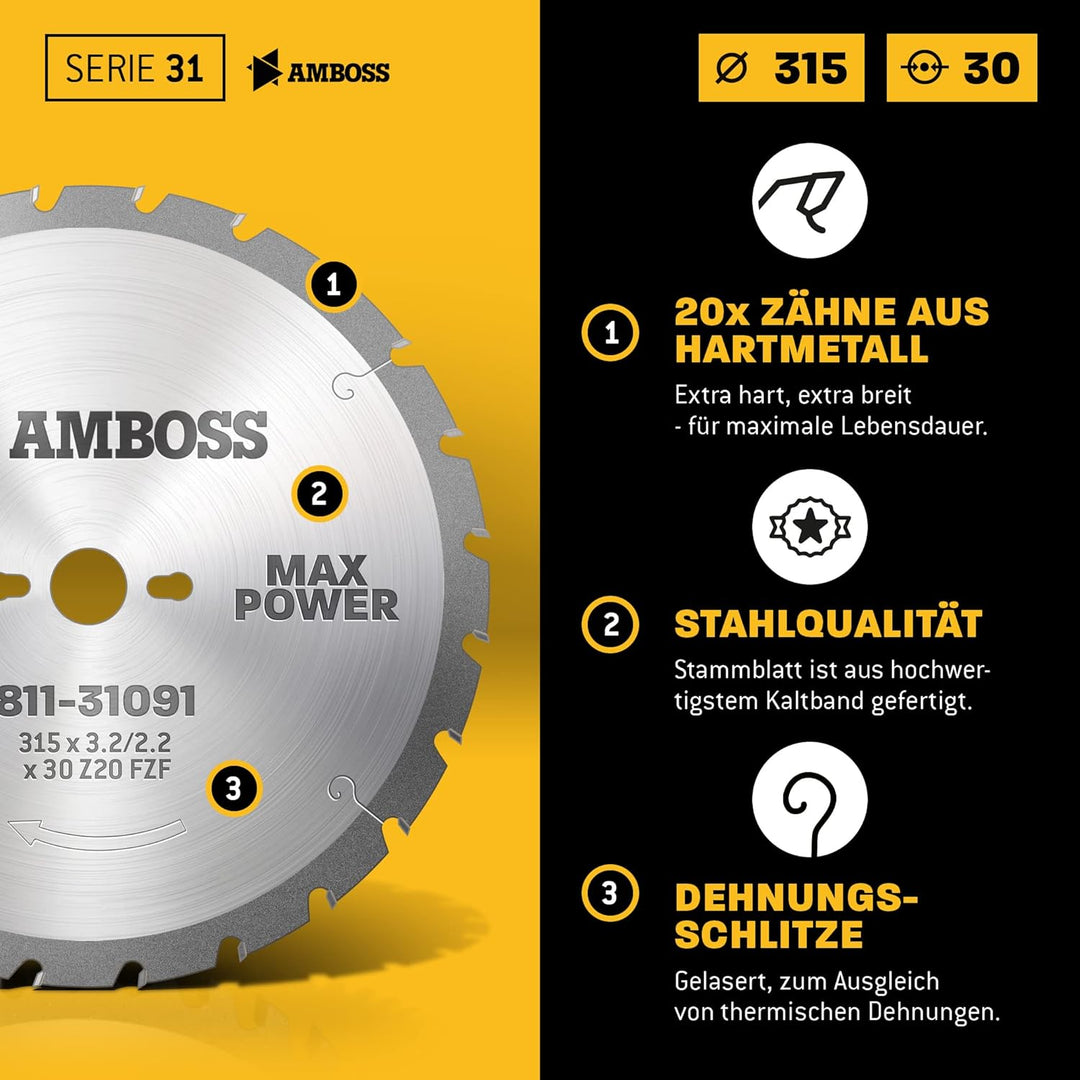 Amboss - HM Kreissägeblatt Ø 315 mm x 3,2 mm x 30 mm | Für Paletten, Holz mit Nägeln etc. | Serie 11