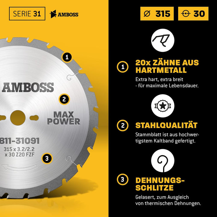 Amboss - HM Kreissägeblatt Ø 315 mm x 3,2 mm x 30 mm | Für Paletten, Holz mit Nägeln etc. | Serie 11