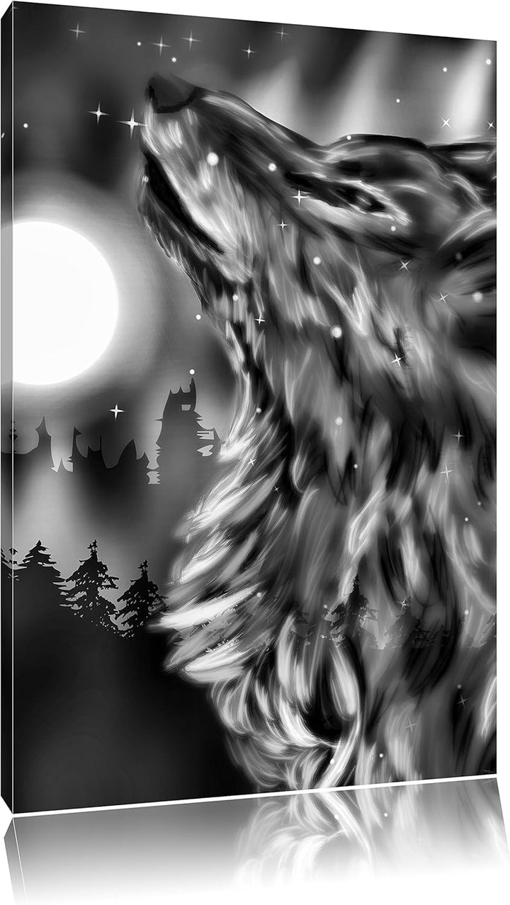 Pixxprint Abstrakter Wolf mit Mond als Leinwandbild | Grösse: 100x70 | Wandbild| Kunstdruck | fertig