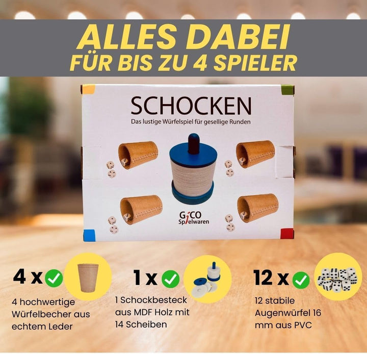 GICO Schocken Set - Komplett mit Schockbesteck, 4 Würfelbecher und 12 Würfeln - Jule Meiern Maxen Mö