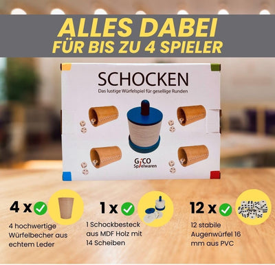 GICO Schocken Set - Komplett mit Schockbesteck, 4 Würfelbecher und 12 Würfeln - Jule Meiern Maxen Mö