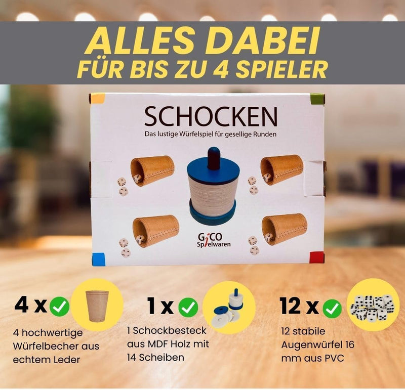GICO Schocken Set - Komplett mit Schockbesteck, 4 Würfelbecher und 12 Würfeln - Jule Meiern Maxen Mö