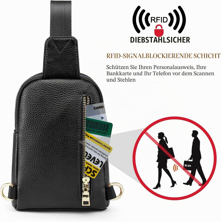 S-ZONE RFID-blockierende Damen-Umhängetasche, Leder, klein, Brustrucksack, Rucksack Schwarz-1, Schwa
